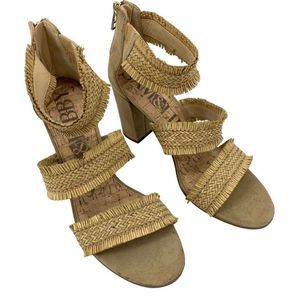 Womens Sam & Libby Straw High Heel Sandal Shoes Size 9.5 chunky 2256 Beige